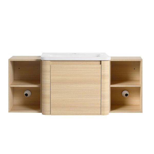 TCYO 48 in. Wall-Mounted American White Oak Bath Vanity with White ...