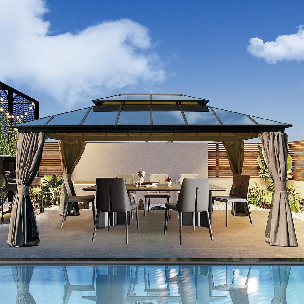 Lucio 12x16ft Brown Aluminum Hardtop Patio Gazebo with Curtains