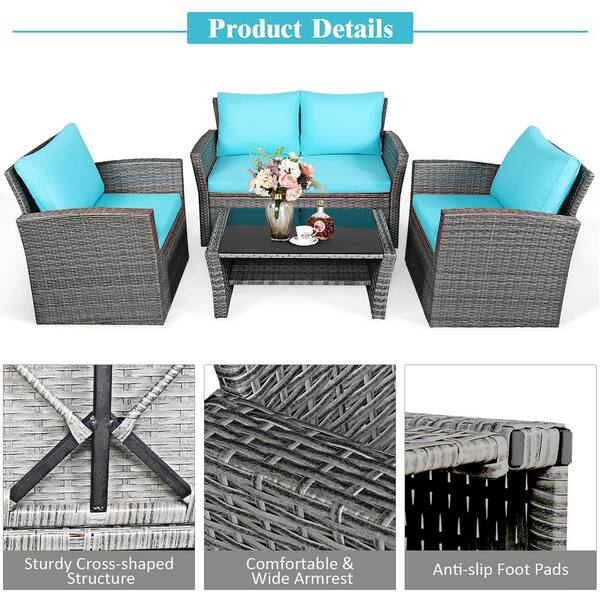 Costway 4 Pieces Wicker Patio Conversation Set With Turquoise Cushions Hw67189tu The Home Depot - Broyhill Outdoor Furniture Replacement Cushion Covers