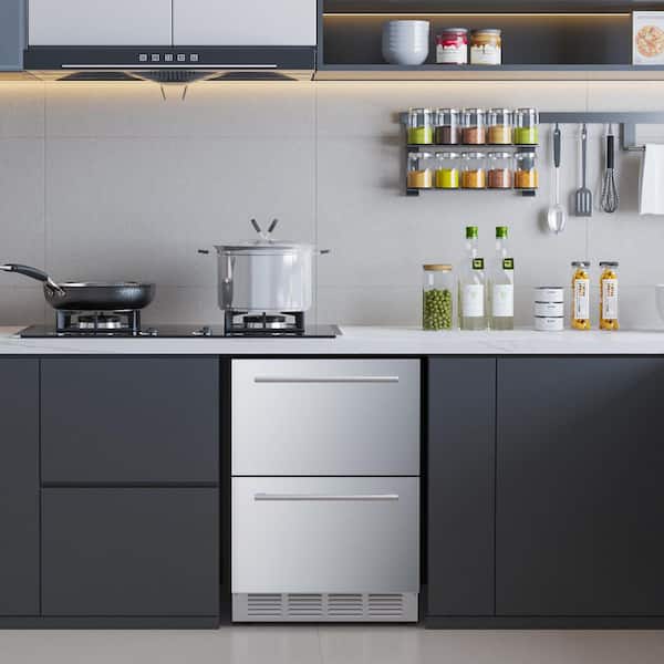 23.4 in. 5 cu. ft. 150-Can Undercounter Freestanding/Built-In Double Drawer Refrigerator in Stainless Steel Silver