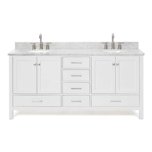 Cambridge 72 in. Double Sink Freestanding Bathroom Vanity in White with Carrara White Marble Top