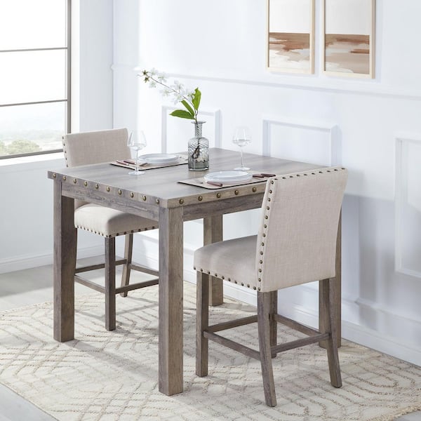 Vintage 3-Piece Rural Log Wood Counter Height Dining Room Set Square Table Rustic Farmhouse Cushioned Chair
