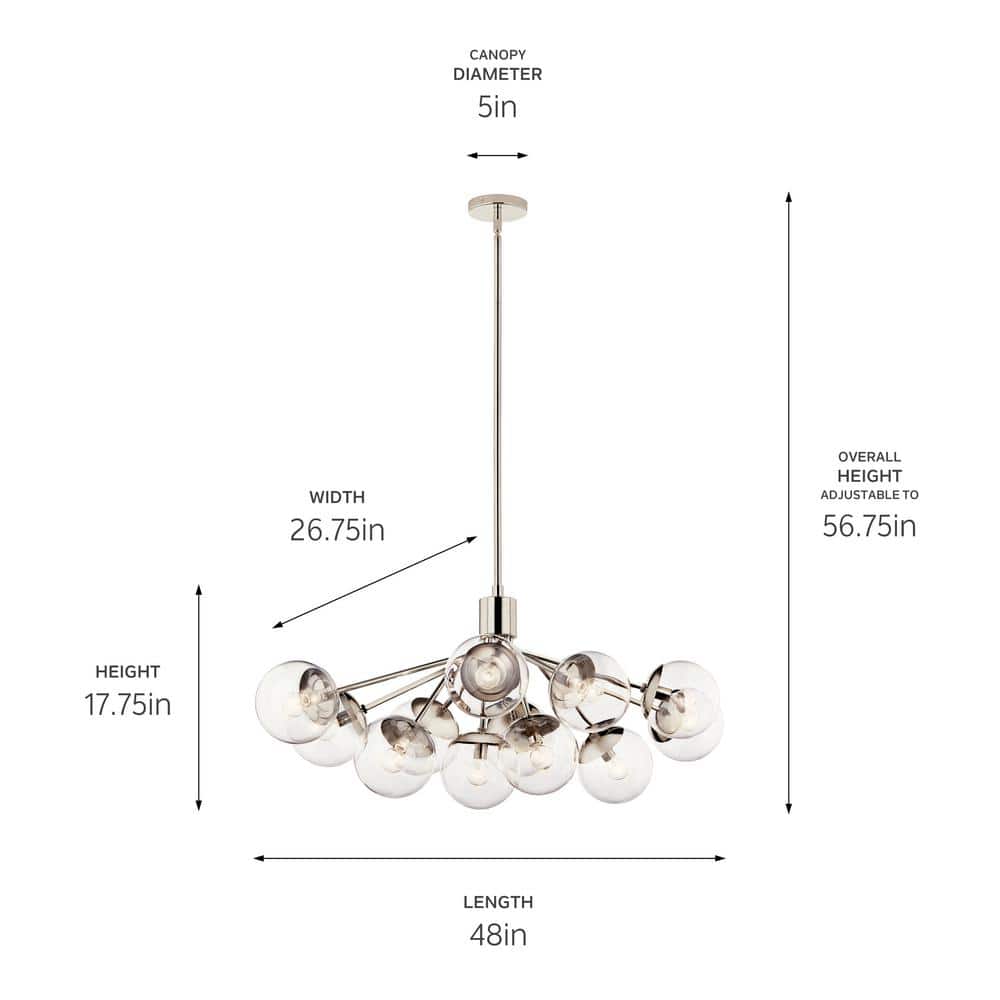 Polished Nickel 12-Light Chandelier with Clear Glass Shades