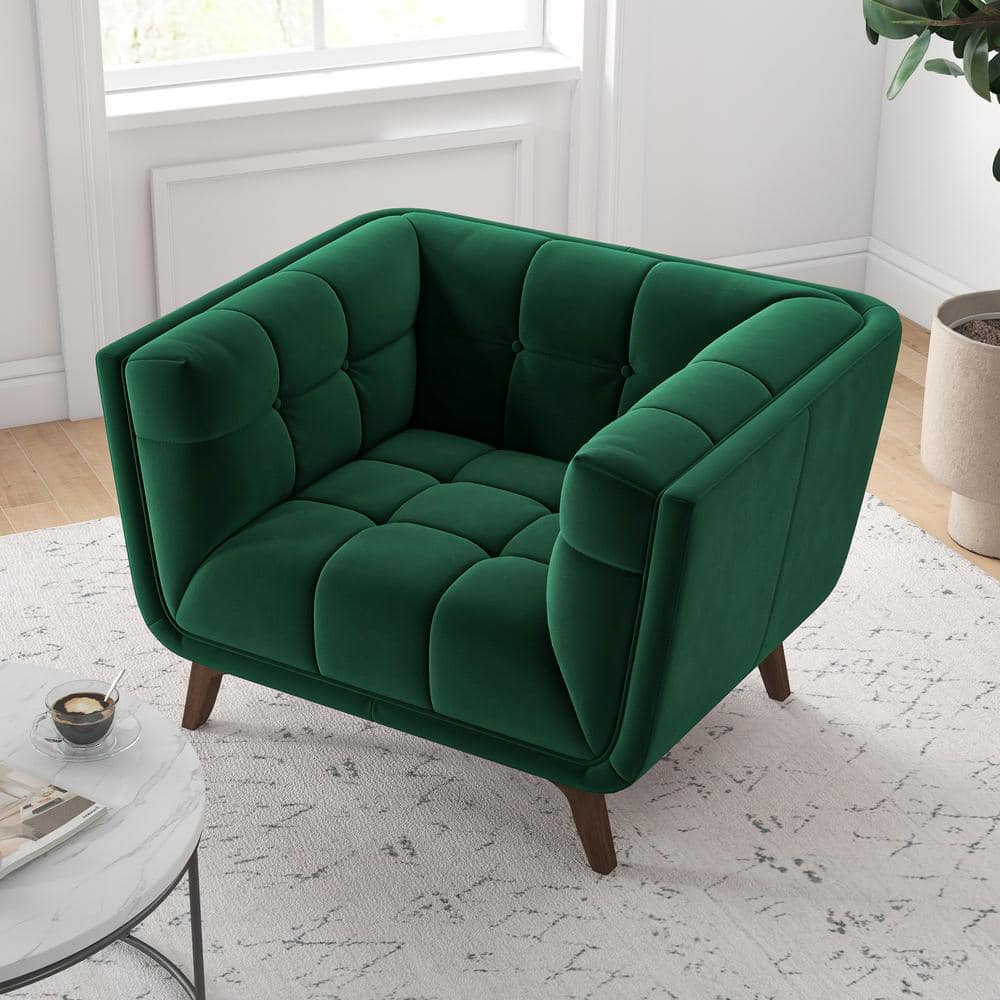 Allen Dark Green Velvet Tufted Lounge Chair with Wood Frame