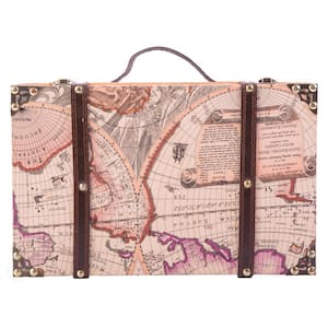 13.8 in. x 8.8 in. x 5 in. Wood and Faux Leather Old World Map Suitcase