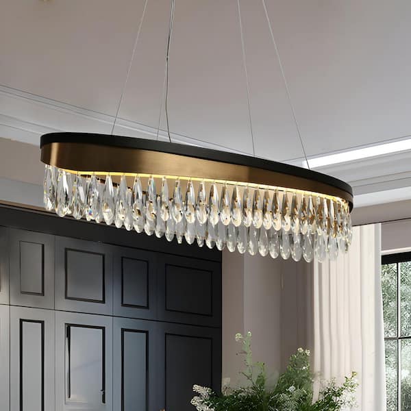 LNC Delphinium 1-Light Dimmable Integrated LED Matte Black and Plating Brass Crystal Oval Chandelier for Living Room