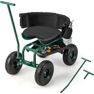 0.20 cu ft. Metal Garden Cart with Height Adjustable Swivel Seat and Storage Basket in Green