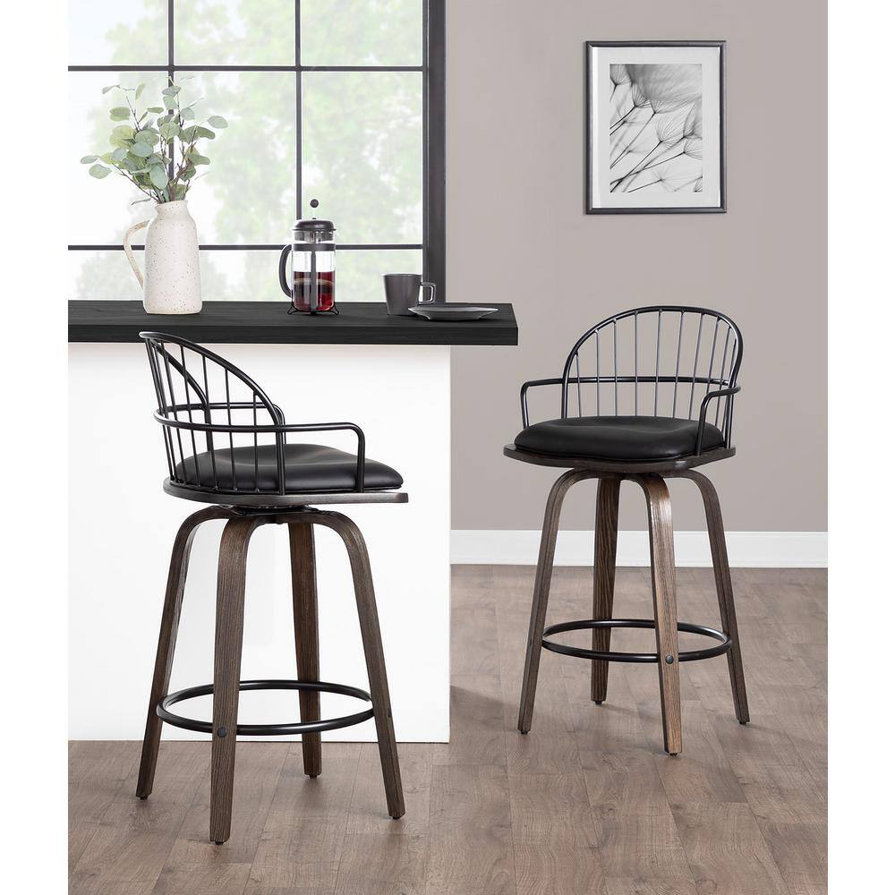 Riley 26" Black Metal and Walnut Swivel Counter Stool