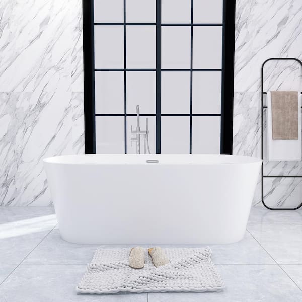 Unbranded 67 in. x 29.5 in. Acrylic Freestanding Flatbottom Soaking Bathtub with Center Chrome Drain in Glossy White