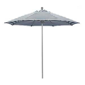 9 ft. Gray Woodgrain Aluminum Commercial Market Patio Umbrella Fiberglass Ribs and Push Lift in Navy White Cabana Olefin