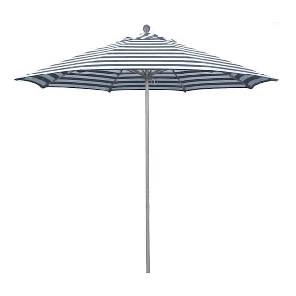 California Umbrella 9 ft. Gray Woodgrain Aluminum Commercial Market Patio Umbrella Fiberglass Ribs and Push Lift in Navy White Cabana Olefin