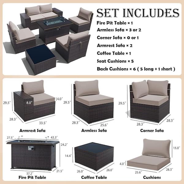 7-Piece Wicker Patio Fire Pit Set with 55000 BTU Gas Fire Pit Table, Coffee Table, Glass Wind Guard and Cushion Gray