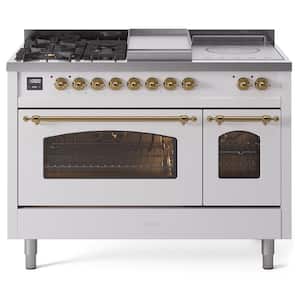 Nostalgie II 48 in. 5-Burner/Frenchtop/Griddle Freestanding Double Oven Dual Fuel Range in White with Brass