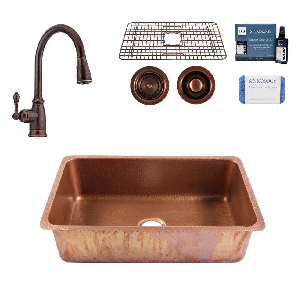 SINKOLOGY Rivera 31 in. Undermount Single Bowl 16 Gauge Antique Copper Kitchen Sink with Canton Faucet Kit -  SK203-31-F529-D