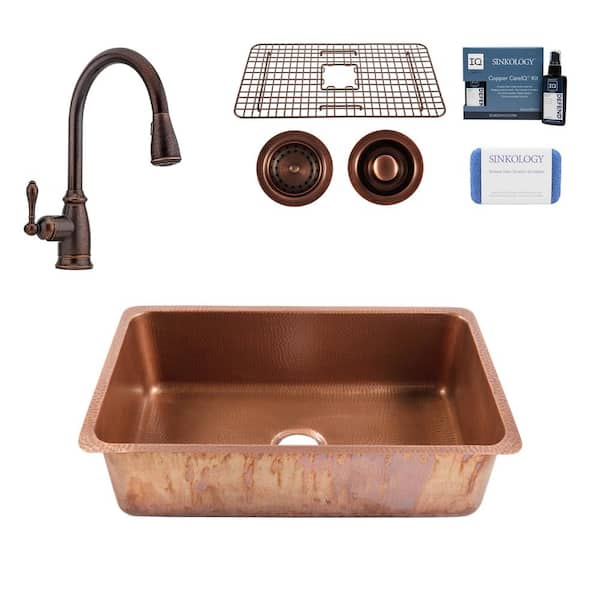 SINKOLOGY Rivera 31 in. Undermount Single Bowl 16 Gauge Antique Copper Kitchen Sink with Canton Faucet Kit