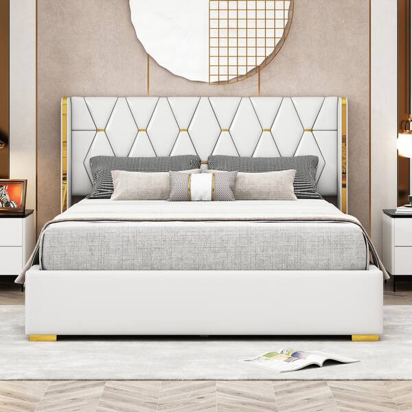 Nestfair Off-white Wood Frame Queen PU Upholstered Platform