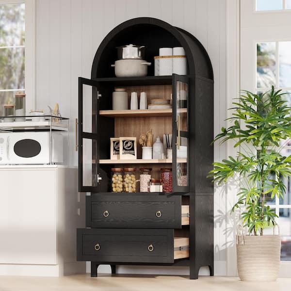 71 in. Black Kitchen Pantry Cabinet with 2 Large Drawers, Adjustable Shelves, Glass Door