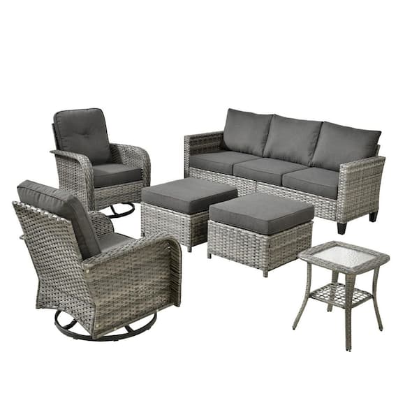 Daphne 6-Piece Wicker Patio Conversation Sofa Seating Swivel Rocking Chairs Set with Ottomans and Black Cushions