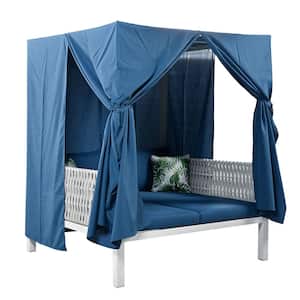 Metal Outdoor Day Bed, Woven Rope Sunbed with Curtains and Blue Cushions, High Comfort, Suitable for Multiple Scenarios