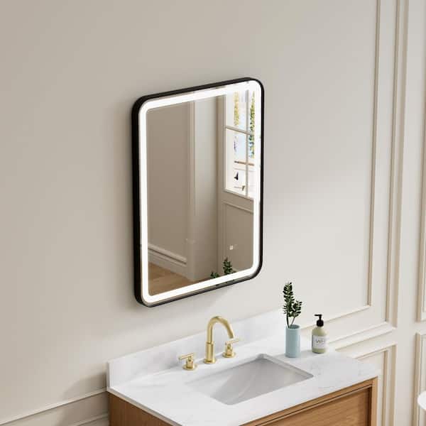 24 in. W x 32 in. H Rectangular R-Shaped Corners Aluminum Framed Dimmable LED Wall Bathroom Vanity Mirror in Black