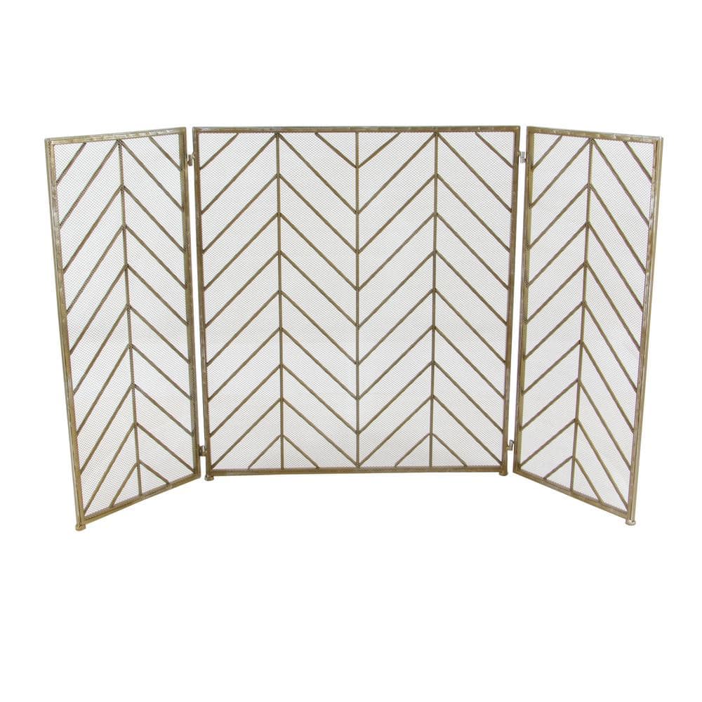 Gold 52" Chevron Pattern Mesh 3-Panel Fireplace Screen