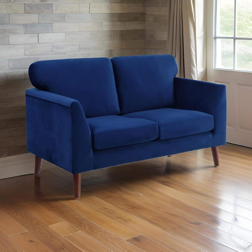 58" Blue Velvet Loveseat with Dark Brown Wood Legs