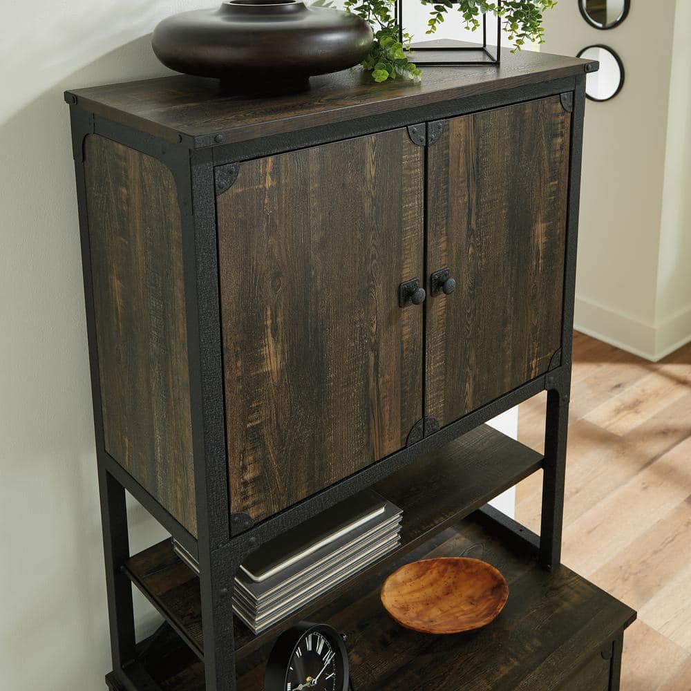 Carbon Oak Industrial China Cabinet with Metal Frame