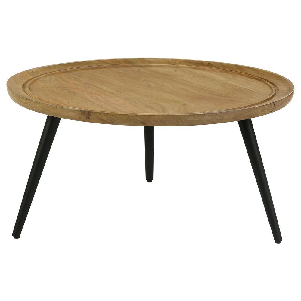 Elegant Trio-Legged Round Mango Wood Coffee Table in Natural & Black