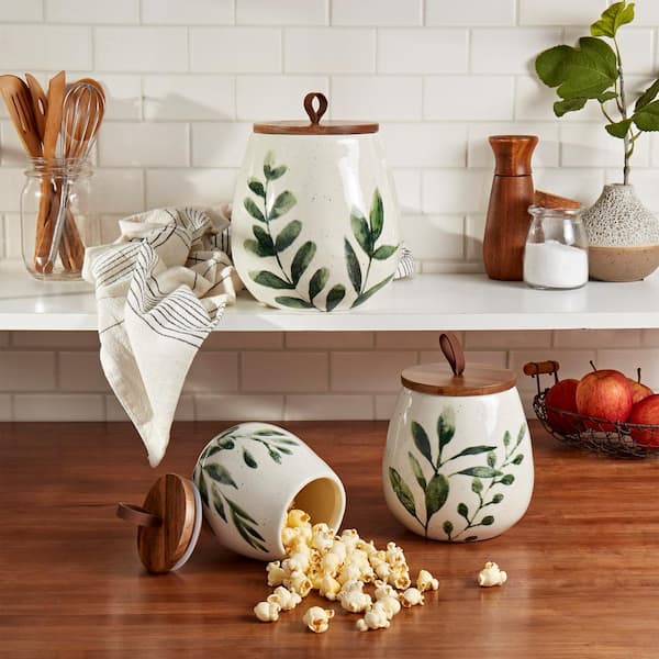 Tabletops Gallery Green Leaf 3-Piece Ceramic Canister Set with