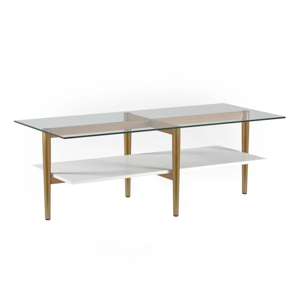 Mid-Century 47" Brass and White Lacquer Coffee Table with Glass Top