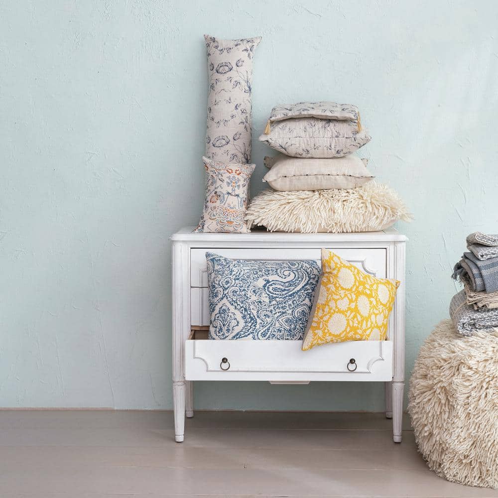 Blue Patterned Cotton and Linen Square Throw Pillow