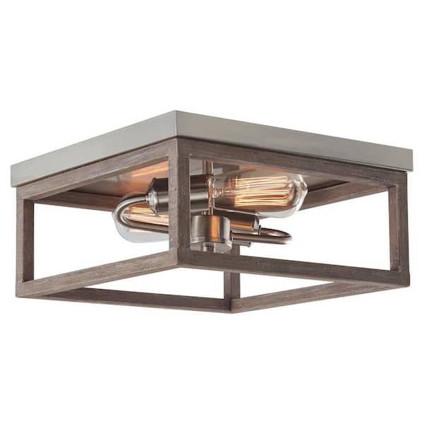 Boswell Quarter 12 in. 2-Light Brushed Nickel with Weathered Wood Accents Coastal Flush Mount for Bedrooms with Bulbs