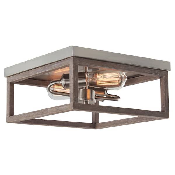 Hampton Bay Boswell Quarter 12-1/2 in. 2-Light Brushed Nickel Farmhouse Flush Mount with Painted Weathered Gray Wood Accents