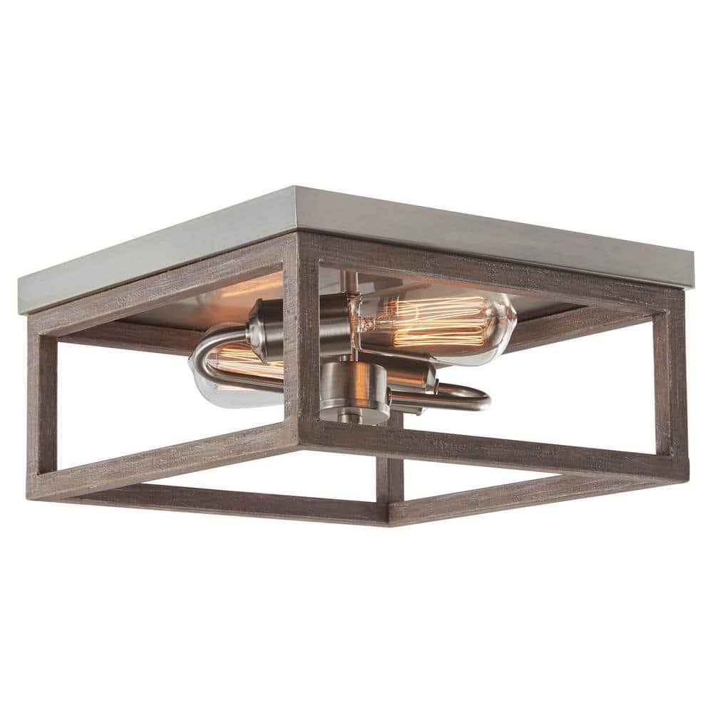 Hampton Bay Boswell Quarter 12 in. 2-Light Brushed Nickel Flush Mount with Weathered Wood Accents