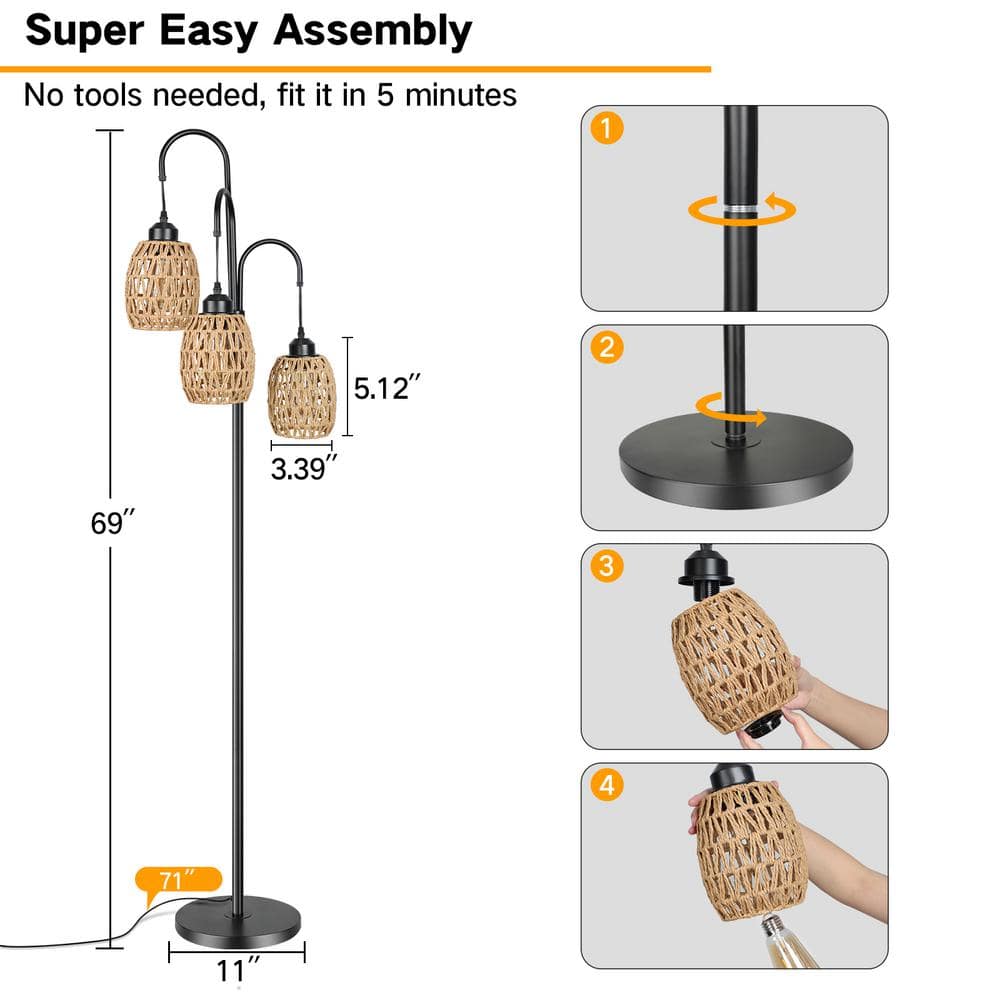 Black Metal Arc Floor Lamp with Rattan Shades