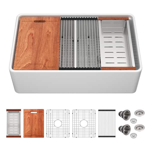 33 in. Farmhouse Apron-Front White Ceramic Double Bowl Workstation Kitchen Sink with Roll up Drying Rack