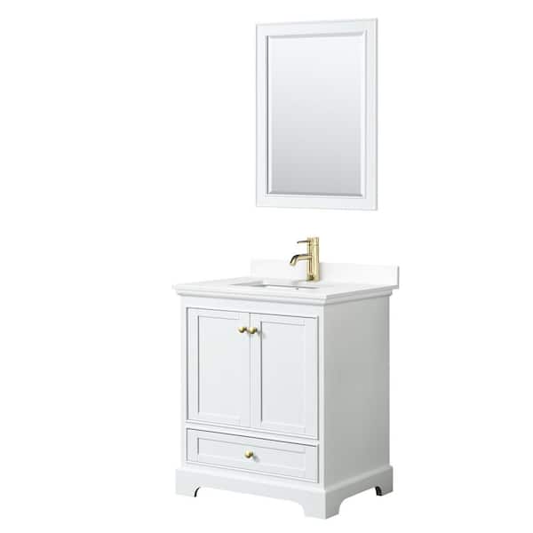 Wyndham Collection Deborah 30 in. W x 22 in. D x 35 in. H Single Sink Bath Vanity in White with White Cultured Marble Top and 24 in. Mirror