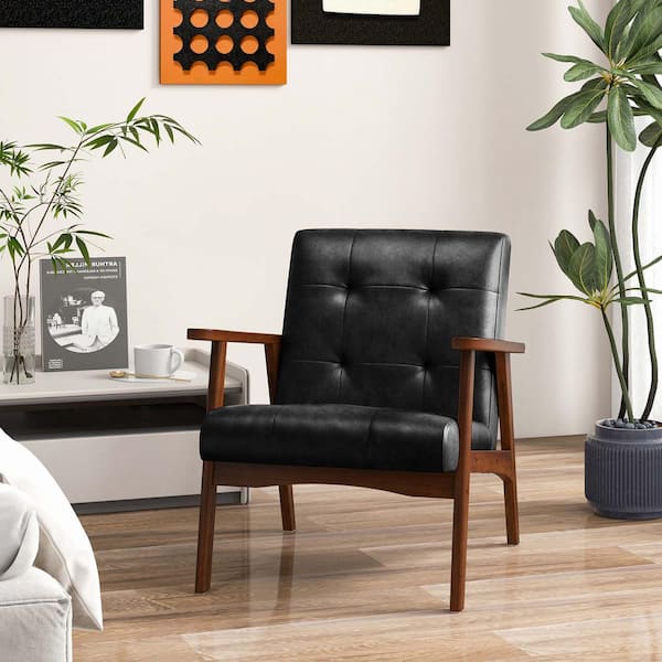 Costway Mid Century Black Accent Chair Tufted Reading Armchair Solid Rubber Wood