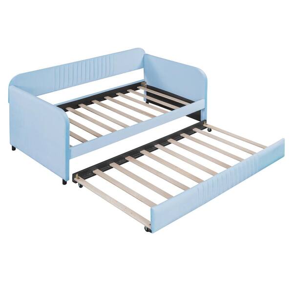 Unbranded Light Blue Velvet Fabric Upholstered Twin Size Daybed Sofa Bed With Trundle and Wood Slat No Box Spring Needed