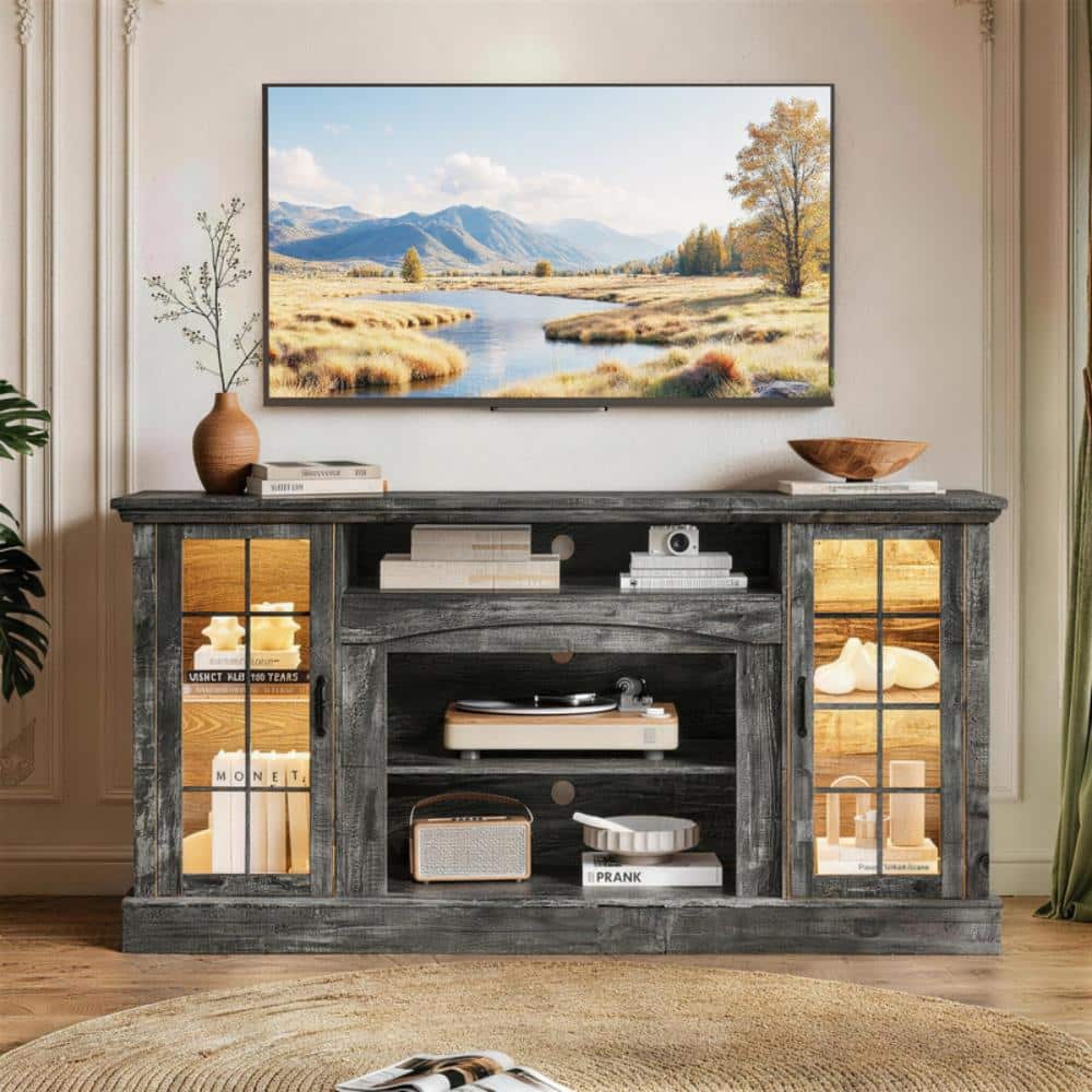 58" Farmhouse TV Stand for TVs up to 65 Inches, Entertainment Center with Storage Cabinets, Gray
