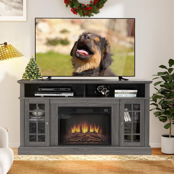 58.25 in. Freestanding Electric Fireplace TV Stand with 23 in. Electric Fireplace Insert, Storage Space, Dark Walnut