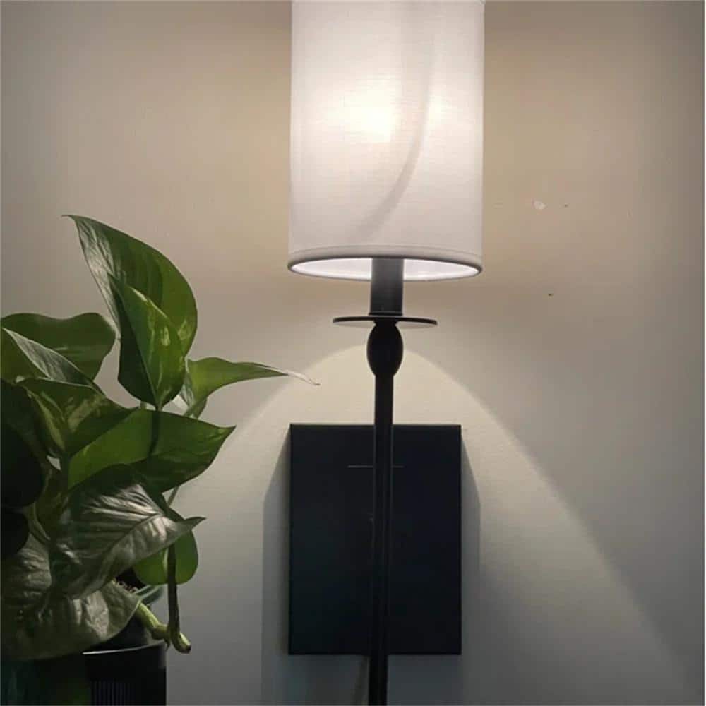 Black Metal Wall Sconce with White Fabric Shade