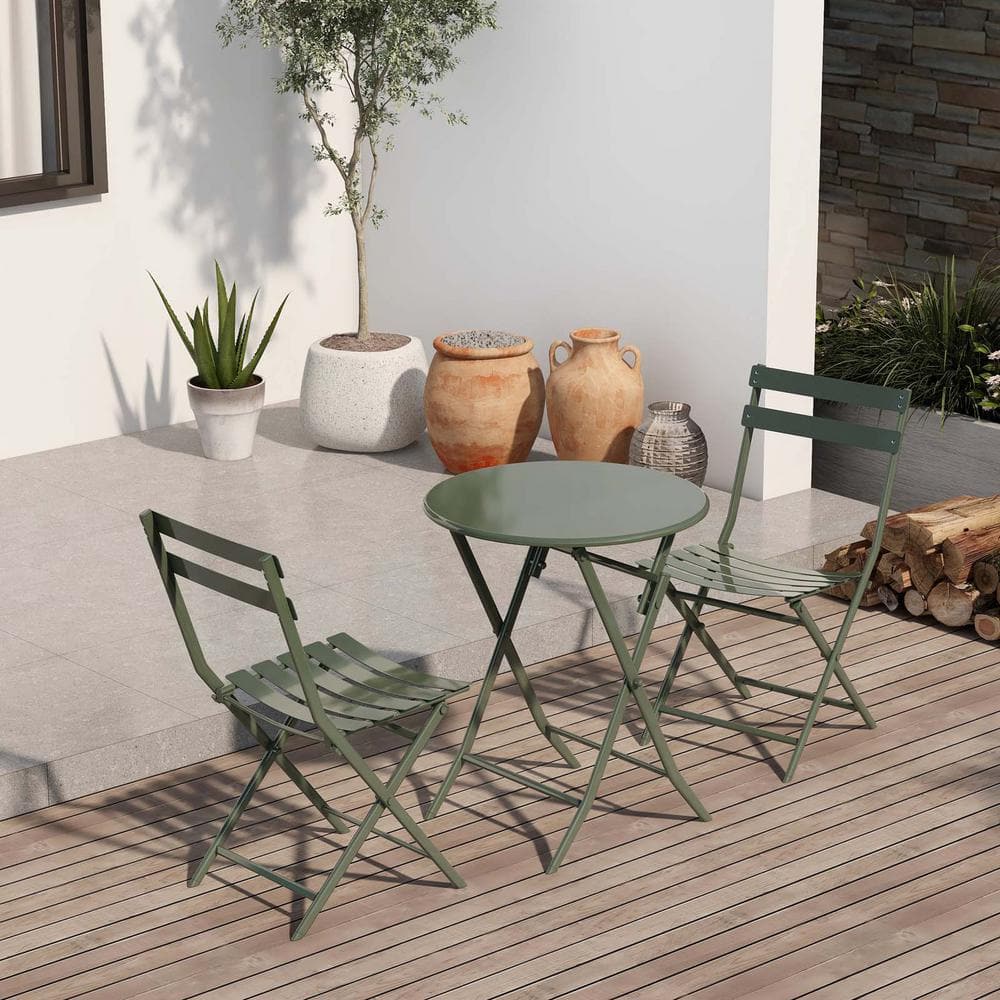 Dark Green 3-Pieces Metal Patio Outdoor Bistro Set Folding Table and Chairs