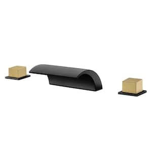 Waterfall Double-Handle Tub Deck Mount Roman Tub Faucet with Valves in Black and Gold