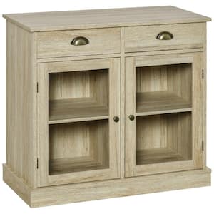 Oak Farmhouse Sideboard Kitchen Storage with 2-Drawers and Glass Doors