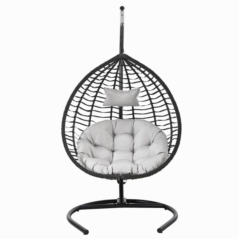1-Person Black Metal Patio Swing with Gray Cushions and Removable Headrest for Porch