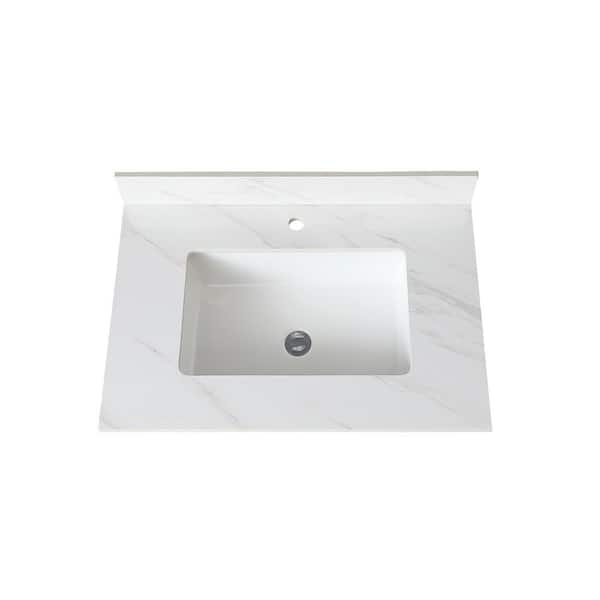 31.02 in. W x 22.01 in. D Sintered Stone White Rectangular Single Sink Bathroom Vanity Top in White