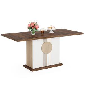 Roesler Modern Brown & White Wood 55 in. W Rectangle Wood Top with Wood Pedestal Dining Table Seats 6