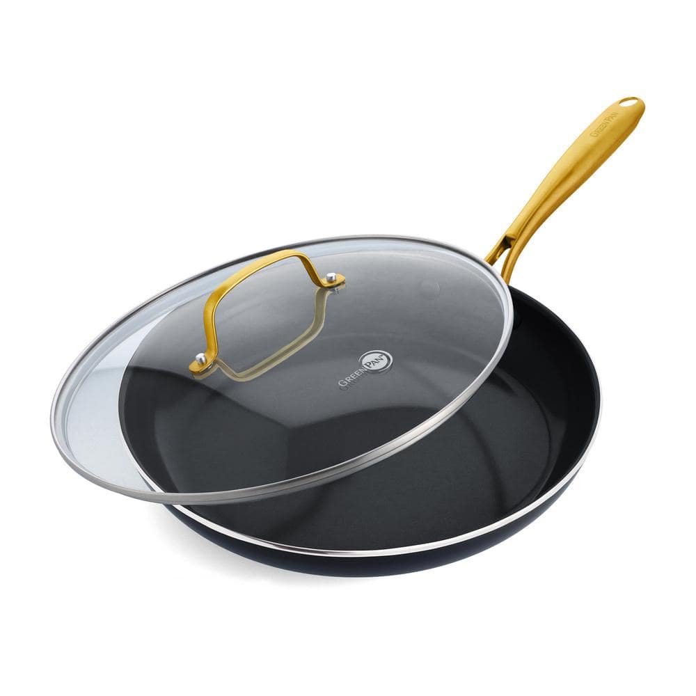 12" Black Aluminum Nonstick Frypan with Gold Handle and Lid