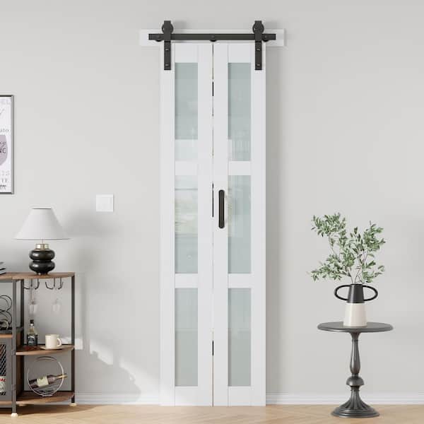 easelife 24 in. x 84 in. 3 Lite Frosted Glass Solid Core MDF Wood White Bi-Fold Door with Hardware